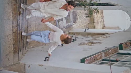 Romantic Couple Walking Stairs Up Tiny Street Vertical Happy Pair Enjoying Date