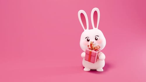 Cute Animated 3D Rabbit Holding Gift Box