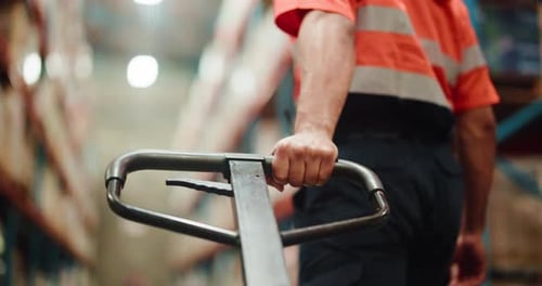 Warehouse, delivery and hands with pallet truck, loader and restock for goods distribution and pull