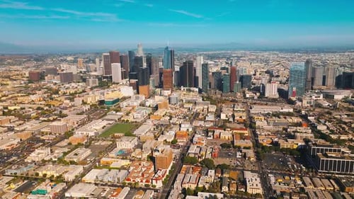 Beautiful sunny view of Los Angeles downtown. A cluster of modern skyscrapers