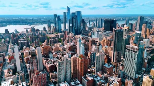Group of glass skyscrapers in the scenery of New York, USA.