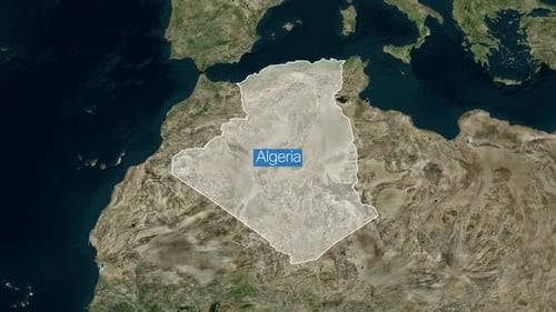 World Map Zoom to Algeria with Country Outline and Name Reveal
