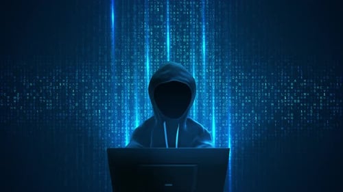 Hacker Silhouette with Blue Digital Code Stream Background Animation