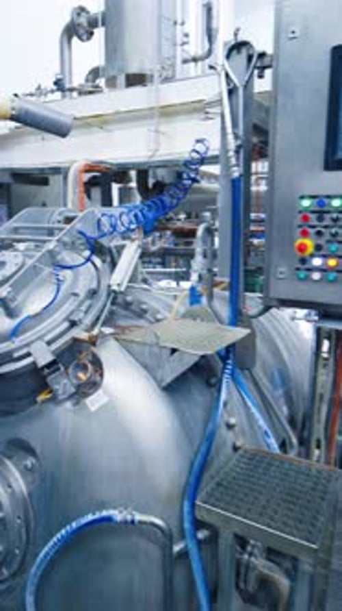 Equipment at dairy plant. View of the interior of a milk factory. Vertical video