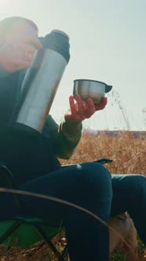 Man Enjoying a Warm Beverage in Nature A Relaxing Moment Captured in Two Frames Showcasing the