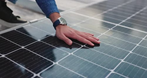 Solar panels, hand and roof for energy saving, heating or sustainable power with outdoor eco