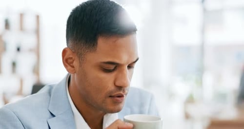 Face, thinking and business man with coffee in office for problem solving, solution and planning