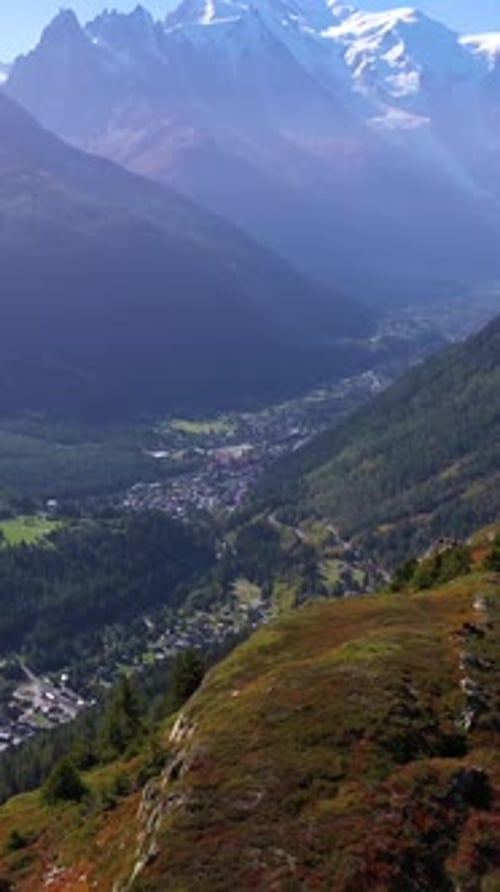 Mont Blanc Mountain and Meadow Italian Alps Italy Aerial View Vertical Video