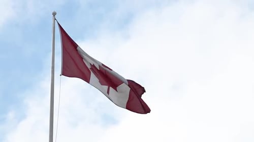 Canadian Flag Waving in the Wind on Sunny Day
