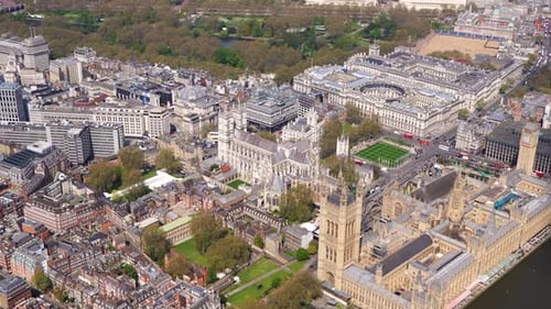 Aerial view of Westminster abbey, the Houses of Parliament, Big Ben and Westminster Bridge. London U