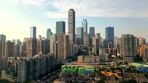 Aerial view of city skyline with skyscrapers, China.