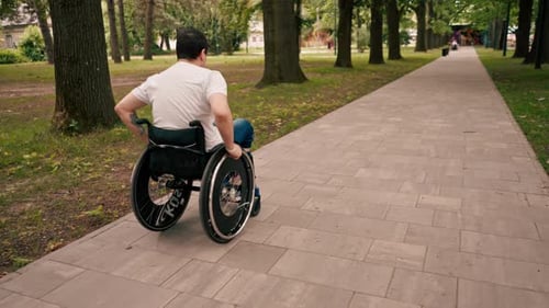 smiling happy man riding a wheelchair walking in a city park active lifestyle mobility obstacles