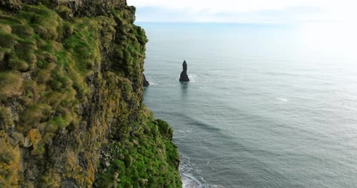 Rock Cliffs Covered With Moss At Reynisfjara Black Sand Beach In Southern Iceland. Aerial Drone Shot