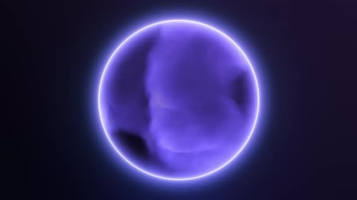 Violett-weiße, neonhelle digitale Science-Fiction-Kugel aus Energieteilchen mit einem Kern aus dicken Wolken