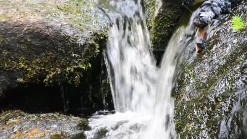 Stream Water Flowing Peacefully Over Mossy Rocks Close Up