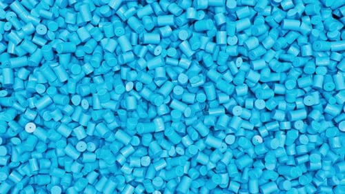 Pan Over Blue Plastic Polypropylene Granules Masterbatch Polymer Grain HDPE or PVC Resin Pellets 3d