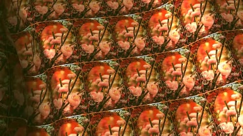 Lebendiges Blumenmuster mit rosa Blumen auf rotem Hintergrund