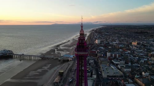 Drone shot of Blackpool Tower at sunset, Lancashire, England, United Kingdom