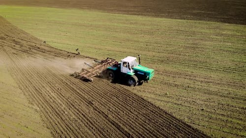 Tractor Cultivates Soil and Weeds From Field Before Sowing