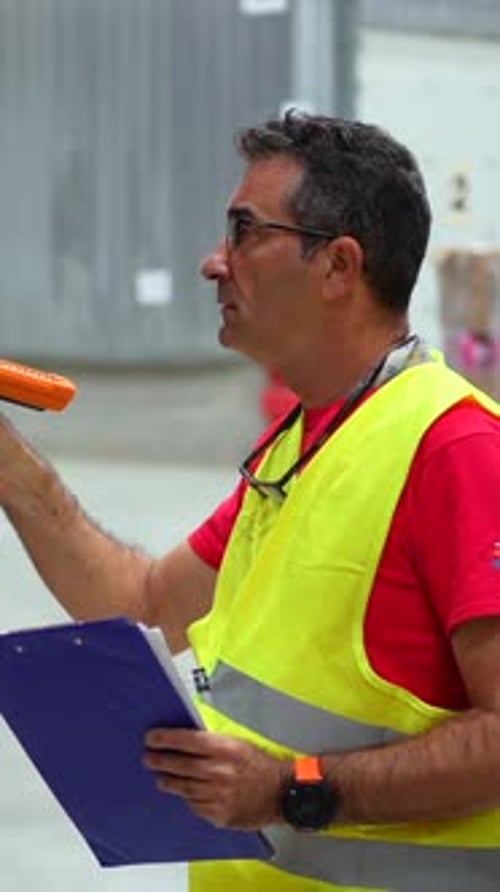Homme faisant l'inventaire dans un entrepôt de stockage plein de boîtes