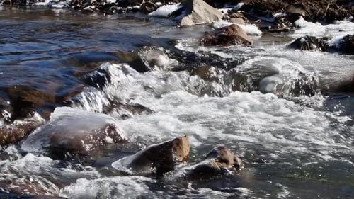 Small rapids flowing past ice covered rocks in early Spring. Southern Iceland.