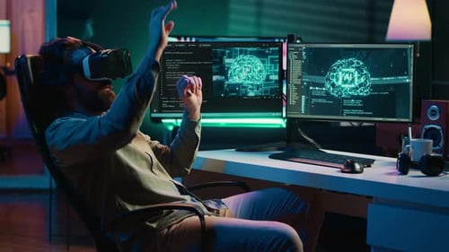 Man with VR Glasses on Happy After Achieving AI Superintelligence