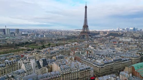 Champ de Mars and Tour Eiffel, Paris in France. Aerial backward and cityscape