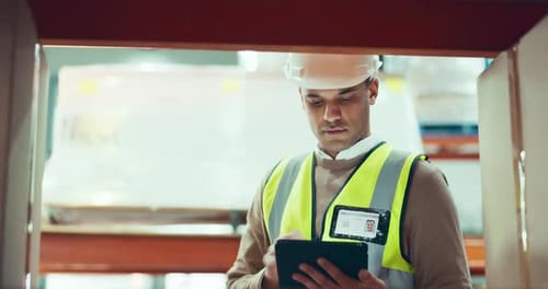 Engineering, tablet and man in a warehouse for inventory, stock check or parcel distribution