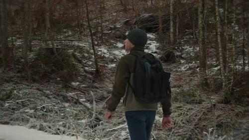 Male traveler walking in park at winter, enjoying nature and looking around