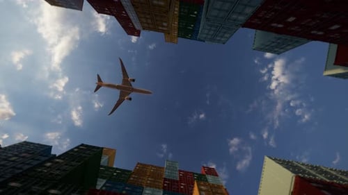 Global Logistics Airplane Flying Over Shipping Containers Animation