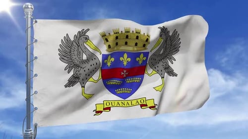 Realistic Waving Flag of Saint Barthélemy with Coat of Arms