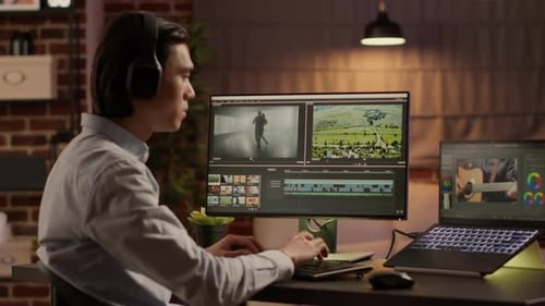 Artista creativo que edita montajes cinematográficos con efectos visuales en un software de edición de video