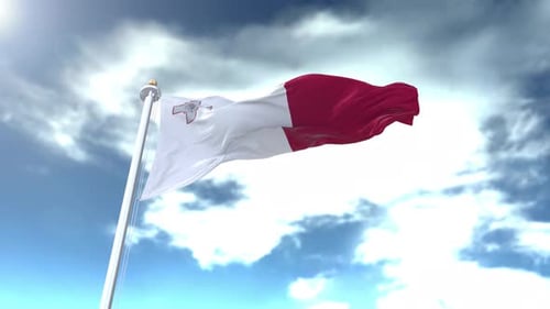 Malta Flag Waving in Realistic Cloudy Sky 3D Animation