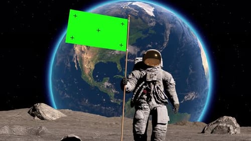 Lunar Astronaut Walks on the Moon with Green Screen