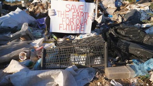 Young Adult Protests in Garbage Dump with Sign