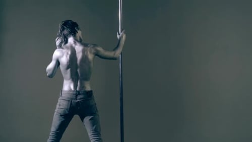 Flexible Sexy Body of Young Man Pole Dance Sexy Man Exercise Pole Dance Fit Slim Sexy Man Performs