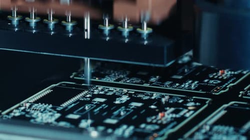 Close-up Macro Shot of Electronic Printed Circuit Board Being Assembled with Automated Robotic Arm,