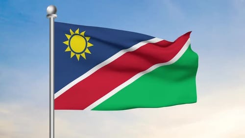 Namibia Flag Waving on a Pole Against Blue Sky