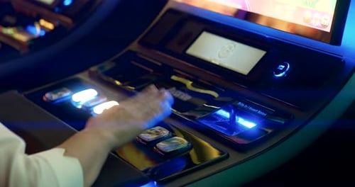 Batumi, Georgia - August 15 2023: Slider shot of modern casino slot machines