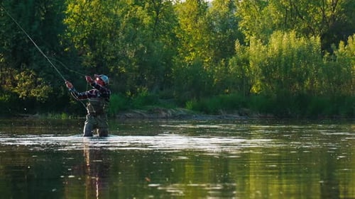 Fly fishing. Man fly fishing on the wild river with lots of insects flying in the air