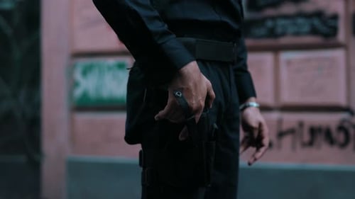 Hands Young Man Cops Hold Pistol Stand Near Patrol Car Look at Camera Enforcement Happy Officer