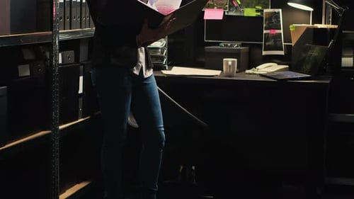Focused Woman Examining Case Files in Dark Office