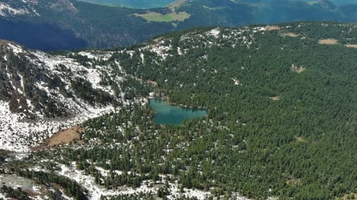 Mountain Lake with Snow Mountains and Green Forest