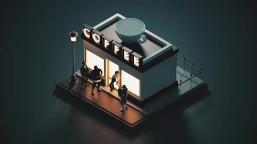 Animación 3D: cafetería y gente, estilo minimalista, dibujos animados