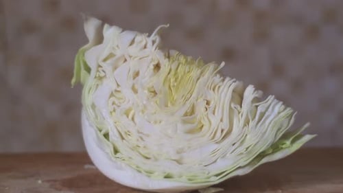 Close-up of a cut piece of cabbage.