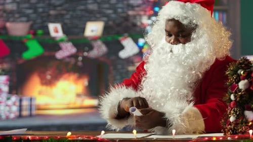 Santa Claus Man Reads a Christmas Scroll