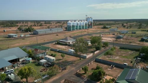 Roads of countryside village in Queensland Australia, Iconic Grain Silos Aerial Drone panoramic shot