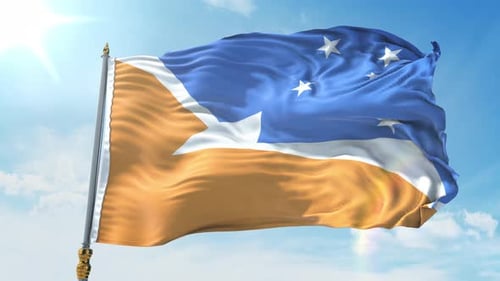 Blue White and Gold Flag Waving Against Clear Sky