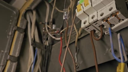 Electrical Panel Wiring and Circuit Breakers Close Up