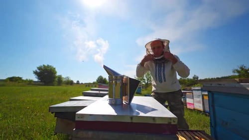 Beekeeper Tending Beehives in Rural Field on Sunny Day